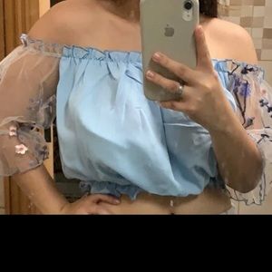 NWT Women’s Size Small Floral Embroidery Mesh Sleeve Bardot Blue Blouse